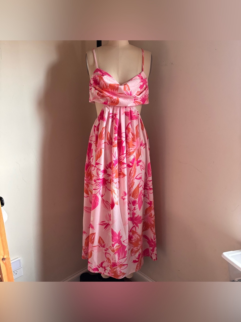 SHEIN Pink & Coral Floral Maxi Dress with Spaghetti Straps